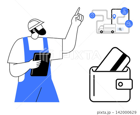 E-commerce, logistics, delivery services, online shopping, digital payment, financial technology. Worker holding a tablet and pointing to a logistics diagram with a wallet and credit card visible 142000629