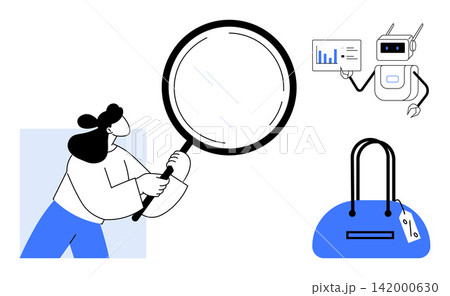 E-commerce analysis, market research, artificial intelligence, retail trends, consumer behavior, technology. Woman holding magnifying glass, robot with chart tagged handbag. E-commerce and market E-commerce analysis, market research, artificial intelligence, retail trends, consumer behavior, technology. Woman holding magnifying glass, robot with chart tagged handbag. E-commerce and market 142000630