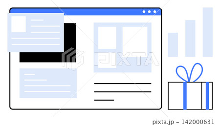 Digital marketing, website design, user interface, analytics, business growth, e-commerce. Features a browser layout with charts, content boxes and a gift icon. Digital marketing and website design 142000631