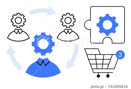 Business strategy, teamwork, automation, e-commerce, workflow management, process optimization. Gear icons with people, arrows puzzle piece and shopping cart. Collaboration and automation 142000638
