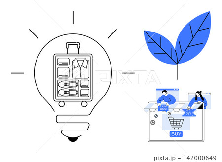 Sustainability, online shopping, eco-friendly design, innovative retail, minimalist illustration, modern e-commerce. Lightbulb symbol with suitcase, leaf and cart checkout. Sustainability and online 142000649