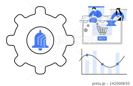 Online shopping, e-commerce tools, cashback notifications, financial analytics, digital marketing, user experience. Gear with bell icon, shopping cart cashback visuals data graph. E-commerce tools 142000650