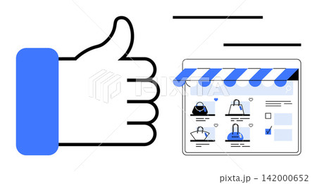 E-commerce, online shopping, customer satisfaction, retail marketing, digital storefronts, website design. Thumbs-up icon next to an online shopping page. E-commerce and customer satisfaction 142000652