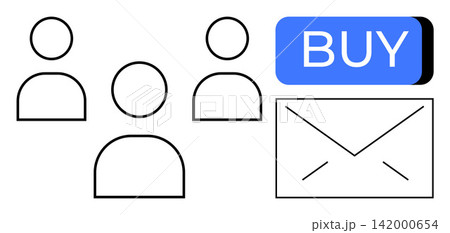 Digital marketing, e-commerce, email campaigns, online shopping, customer engagement, communication. Three person icons with an email envelope and a blue buy button. Digital marketing and e-commerce Digital marketing, e-commerce, email campaigns, online shopping, customer engagement, communication. Three person icons with an email envelope and a blue buy button. Digital marketing and e-commerce 142000654
