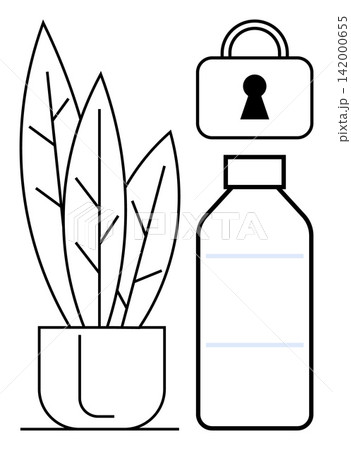 Sustainability, security, eco-friendly lifestyle, protection, modern design, minimalism. A potted plant, bottle and padlock icon in black and white. Sustainability and security concepts 142000655