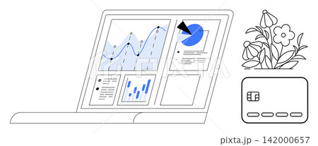 Data analysis, financial management, e-commerce, business strategy, productivity, online payments. Laptop screen with charts and graphs, plant and a bank card. Data analysis and financial management 142000657