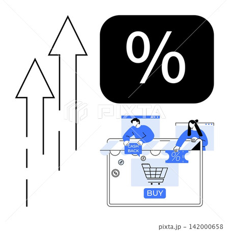 E-commerce, cashback offers, discount shopping, online retail, consumer trends, market growth. Graphic with rising arrows, shopping cart percentage sign and digital transactions. E-commerce 142000658