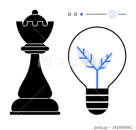 Business strategy, innovation, sustainable ideas, leadership, eco-friendly solutions, creativity. Black chess king piece alongside lightbulb a growing sprout. Strategy and innovation concept 142000661