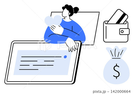 E-commerce, online transactions, mobile apps, financial technology, secure payment, digital wallet. Person holding a heart shape with icons of money and cards. E-commerce and online transactions E-commerce, online transactions, mobile apps, financial technology, secure payment, digital wallet. Person holding a heart shape with icons of money and cards. E-commerce and online transactions 142000664