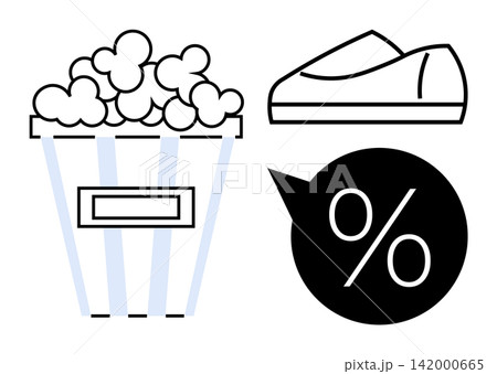 Entertainment, retail shopping, discounts, sales promotions, leisure activities, consumer behavior. Popcorn, shoe and percentage symbol in minimalist style. Entertainment and retail shopping concept Entertainment, retail shopping, discounts, sales promotions, leisure activities, consumer behavior. Popcorn, shoe and percentage symbol in minimalist style. Entertainment and retail shopping concept 142000665