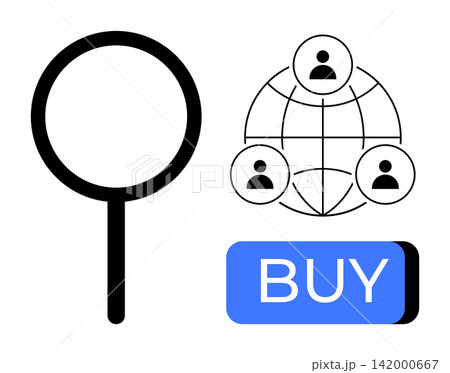 E-commerce, digital marketplace, global connectivity, online search, purchase process, user interaction. Magnifying glass, user network and buy button elements. E-commerce and digital marketplace E-commerce, digital marketplace, global connectivity, online search, purchase process, user interaction. Magnifying glass, user network and buy button elements. E-commerce and digital marketplace 142000667