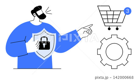 Online security, e-commerce safety, data protection, secure transactions, digital identity, technology innovation. Person holding lock shield points to cart and gear. Online security, e-commerce Online security, e-commerce safety, data protection, secure transactions, digital identity, technology innovation. Person holding lock shield points to cart and gear. Online security, e-commerce 142000668