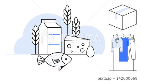 Food industry, agriculture, packaging design, nutrition, sustainability, retail. Milk, cheese fish wheat and clothes display. Food industry and packaging design concept Food industry, agriculture, packaging design, nutrition, sustainability, retail. Milk, cheese fish wheat and clothes display. Food industry and packaging design concept 142000669