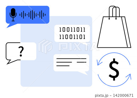 Digital communication, e-commerce, collaboration, coding, shopping, financial exchange. Speech bubbles with text, binary code shopping bag currency exchange icon. Digital communication Digital communication, e-commerce, collaboration, coding, shopping, financial exchange. Speech bubbles with text, binary code shopping bag currency exchange icon. Digital communication 142000671