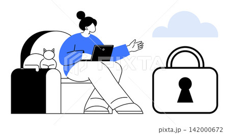 Online security, data privacy, remote work, digital communication, cloud storage, cybersecurity. Woman working on laptop next to cat, cloud and padlock symbol. Online security and data privacy Online security, data privacy, remote work, digital communication, cloud storage, cybersecurity. Woman working on laptop next to cat, cloud and padlock symbol. Online security and data privacy 142000672