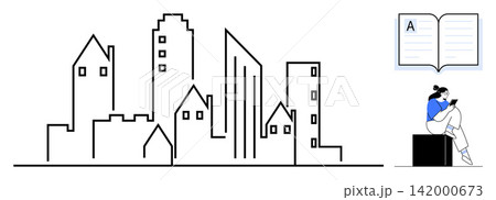 Urban living, learning, education, cityscape, personal development, online studies. Stylized urban skyline with a person reading beside a book icon. Urban living and learning concept Urban living, learning, education, cityscape, personal development, online studies. Stylized urban skyline with a person reading beside a book icon. Urban living and learning concept 142000673