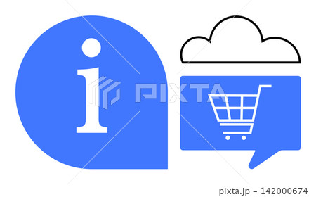 Online shopping, cloud storage, customer support, digital marketing, e-commerce, data sharing. Blue information icon, cloud icon shopping cart in a speech bubble. Online shopping and cloud storage Online shopping, cloud storage, customer support, digital marketing, e-commerce, data sharing. Blue information icon, cloud icon shopping cart in a speech bubble. Online shopping and cloud storage 142000674