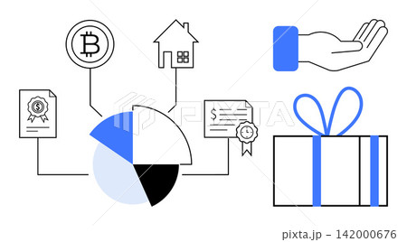 Blockchain technology, asset management, smart contracts, gifting, cryptocurrency transactions, financial analysis. Diagram of Bitcoin, pie chart hand gift house certifications. Blockchain Blockchain technology, asset management, smart contracts, gifting, cryptocurrency transactions, financial analysis. Diagram of Bitcoin, pie chart hand gift house certifications. Blockchain 142000676