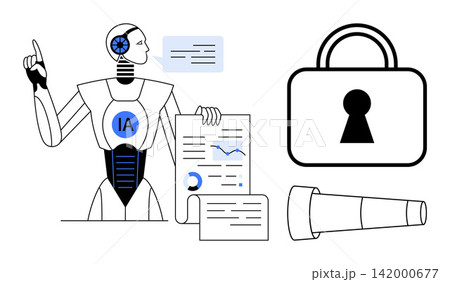 Data analysis, cybersecurity, AI advancements, technology protection, automation, and innovation. A humanoid robot presenting data with security and analytics icons. Data analysis and cybersecurity Data analysis, cybersecurity, AI advancements, technology protection, automation, and innovation. A humanoid robot presenting data with security and analytics icons. Data analysis and cybersecurity 142000677