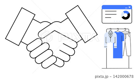 Business, partnerships, collaboration, analytics, fashion industry, retail. Line art handshake, data chart clothes on a rack. Business and partnership concepts Business, partnerships, collaboration, analytics, fashion industry, retail. Line art handshake, data chart clothes on a rack. Business and partnership concepts 142000678