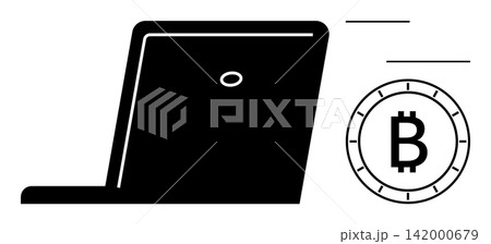 Cryptocurrency, blockchain, digital transactions, financial technology, online payments, decentralized systems. Laptop and Bitcoin symbol in minimalist design. Cryptocurrency and blockchain concept Cryptocurrency, blockchain, digital transactions, financial technology, online payments, decentralized systems. Laptop and Bitcoin symbol in minimalist design. Cryptocurrency and blockchain concept 142000679