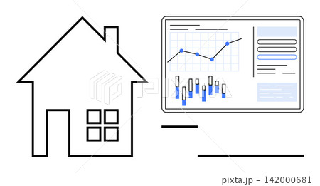 Real estate, data analysis, market trends, property management, investment, home evaluation. A house icon next to a chart display with graphs and data. Real estate and data analysis concept Real estate, data analysis, market trends, property management, investment, home evaluation. A house icon next to a chart display with graphs and data. Real estate and data analysis concept 142000681