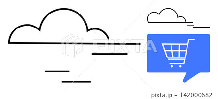 E-commerce solutions, data storage, cloud services, digital shopping, online retail, internet transactions. Blue shopping cart symbol within a cloud graphic. E-commerce and data storage concept E-commerce solutions, data storage, cloud services, digital shopping, online retail, internet transactions. Blue shopping cart symbol within a cloud graphic. E-commerce and data storage concept 142000682