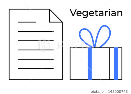 Gift-giving, dietary preferences, vegetarian lifestyle, minimalism, healthy living, conceptual design. A gift box with a blue ribbon near a document and the word vegetarian. Gift-giving and dietary 142000748