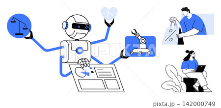 Artificial intelligence, automation, robotics, decision-making, e-commerce, future technology. Robot multitasking with scales, heart and robotic arm alongside people using devices. AI Artificial intelligence, automation, robotics, decision-making, e-commerce, future technology. Robot multitasking with scales, heart and robotic arm alongside people using devices. AI 142000749