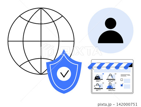 Online security, e-commerce protection, user privacy, global accessibility, cybersecurity, network connection. Globe outline, shield with checkmark, user profile icon and online store interface 142000751