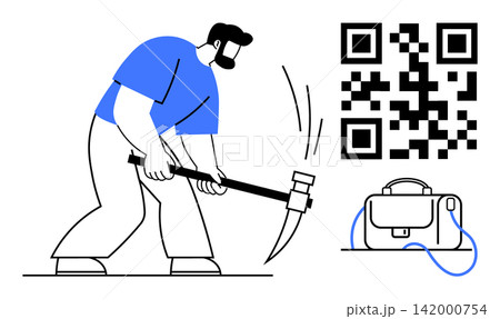 Digital currency, blockchain, financial technology, data mining, payment systems, work innovation. A man using a pickaxe near a QR code and briefcase. Digital currency and blockchain technology theme 142000754