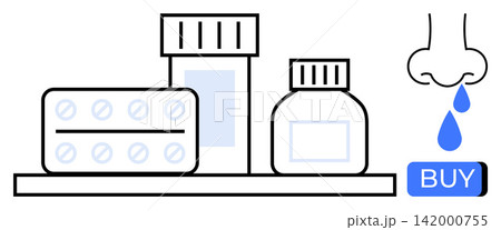 Online shopping, e-pharmacy, nasal care, over-the-counter medicines, health products, digital health services. Medication bottles, tablets nose and buy button. Online shopping and e-pharmacy concept Online shopping, e-pharmacy, nasal care, over-the-counter medicines, health products, digital health services. Medication bottles, tablets nose and buy button. Online shopping and e-pharmacy concept 142000755