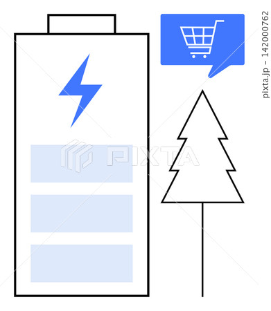 Renewable energy, sustainability, eco-commerce, green technology, electric power, environmental solutions. Stylized battery, tree and shopping cart in blue and white. Sustainability and eco-commerce Renewable energy, sustainability, eco-commerce, green technology, electric power, environmental solutions. Stylized battery, tree and shopping cart in blue and white. Sustainability and eco-commerce 142000762