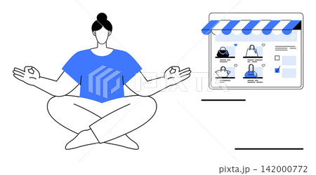 Mindfulness, e-commerce, digital balance, online store navigation, wellness technology, consumer behavior. A meditating person next to an online shopping webpage. Mindfulness and e-commerce 142000772