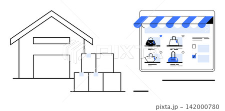 E-commerce, logistics, shipping, digital retail, product management, warehouse operations. Warehouse with stacked boxes and an online store page. E-commerce and logistics concept 142000780