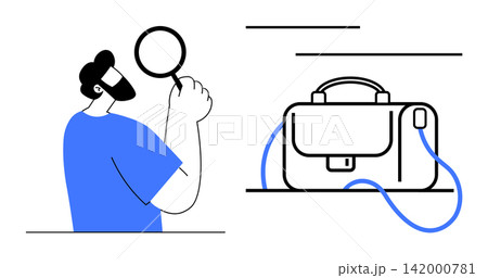 Job search, business analysis, career opportunities, recruitment, employment, financial planning. Person examining with magnifying glass and briefcase. Job search and business analysis concept Job search, business analysis, career opportunities, recruitment, employment, financial planning. Person examining with magnifying glass and briefcase. Job search and business analysis concept 142000781