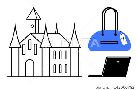 Online shopping, travel planning, e-commerce, architecture, retail, digital technology. A Gothic-style castle, a blue handbag with a price tag and a laptop. Online shopping and travel planning 142000782