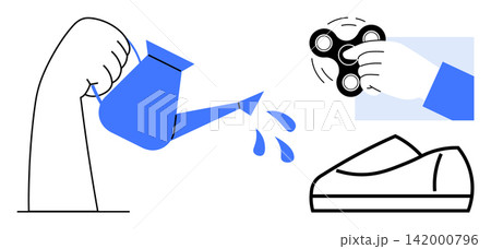 Daily tasks, modern hobbies, mindfulness, routines, gadgets, productivity. A hand watering plants, a hand using a fidget spinner a minimalist shoe design. Mindfulness and modern hobbies concept Daily tasks, modern hobbies, mindfulness, routines, gadgets, productivity. A hand watering plants, a hand using a fidget spinner a minimalist shoe design. Mindfulness and modern hobbies concept 142000796