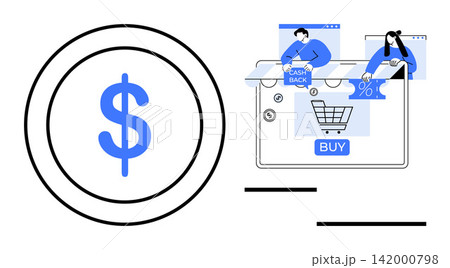 E-commerce, cashback programs, online payments, digital shopping, electronic transactions, consumer savings. Digital shopping cart and dollar symbol in a conceptual layout. E-commerce and cashback E-commerce, cashback programs, online payments, digital shopping, electronic transactions, consumer savings. Digital shopping cart and dollar symbol in a conceptual layout. E-commerce and cashback 142000798