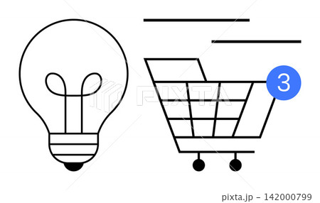 E-commerce, online shopping, innovation, digital marketing, retail trends, idea generation. Light bulb and shopping cart with notification icon. E-commerce and innovation concepts E-commerce, online shopping, innovation, digital marketing, retail trends, idea generation. Light bulb and shopping cart with notification icon. E-commerce and innovation concepts 142000799