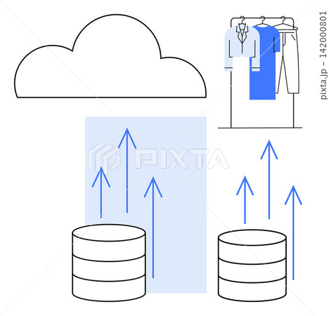 E-commerce, digital fashion, cloud storage, data upload, online retail, inventory management. Arrows showcase data transfer to the cloud. E-commerce and digital fashion data storage concept E-commerce, digital fashion, cloud storage, data upload, online retail, inventory management. Arrows showcase data transfer to the cloud. E-commerce and digital fashion data storage concept 142000801