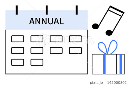 Celebrations, planning, events, milestones, festivals, holidays. A calendar marked as annual with a music note and gift box. Celebrations and planning concept for special occasions and events Celebrations, planning, events, milestones, festivals, holidays. A calendar marked as annual with a music note and gift box. Celebrations and planning concept for special occasions and events 142000802