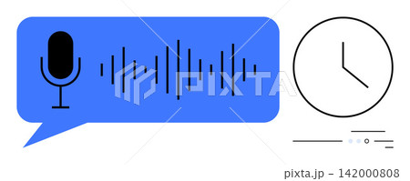 Speech recognition, transcription tools, time management, productivity, voice analysis, digital communication. Microphone with soundwaves and clock. Speech recognition and transcription tools 142000808