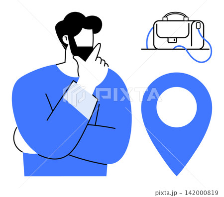 Travel planning, decision-making, navigation apps, logistics, work-life balance, ideas. A man thinking with a location pin and a business bag icon. Travel planning and decision-making concepts Travel planning, decision-making, navigation apps, logistics, work-life balance, ideas. A man thinking with a location pin and a business bag icon. Travel planning and decision-making concepts 142000819
