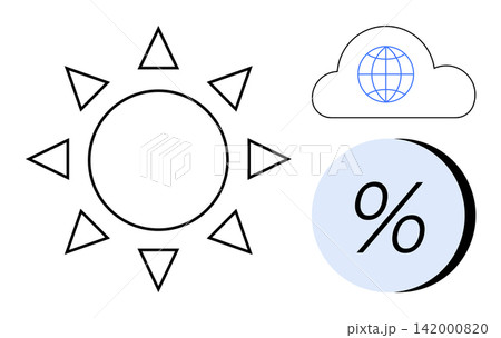 Weather forecasting, climate data, analytics, environmental monitoring, global warming, internet connectivity. Sun with triangular rays, cloud with globe percentage symbol. Weather forecasting Weather forecasting, climate data, analytics, environmental monitoring, global warming, internet connectivity. Sun with triangular rays, cloud with globe percentage symbol. Weather forecasting 142000820