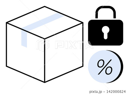 E-commerce, data security, delivery logistics, discount offers, online shopping, transaction security. A box, lock icon and percentage symbol focus on online safety and commerce. E-commerce and data 142000824