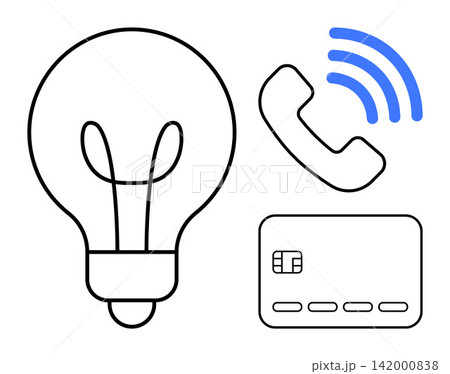 Innovation, digital payments, mobile communication, technology, financial services, creative solutions. Outlined light bulb, credit card and phone with signal icon. Innovation and digital payments Innovation, digital payments, mobile communication, technology, financial services, creative solutions. Outlined light bulb, credit card and phone with signal icon. Innovation and digital payments 142000838