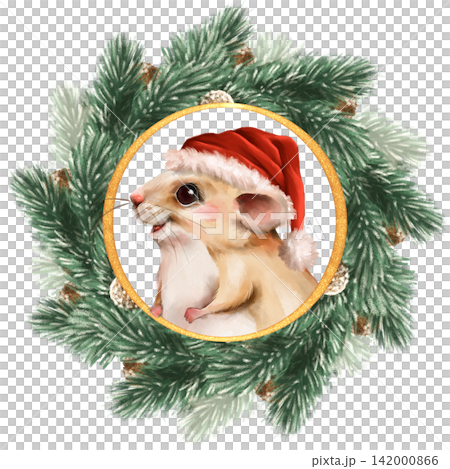 Hand-drawn Illustration of cute mouse in Santa hat, peeking from a Christmas wreath with pine branches, framed by a golden circle Hand-drawn Illustration of cute mouse in Santa hat, peeking from a Christmas wreath with pine branches, framed by a golden circle 142000866