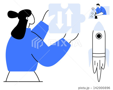 Business strategy, innovation, teamwork, problem-solving, technology, startup growth. Woman holding a puzzle piece. Business strategy and innovation concept collaboration and problem-solving Business strategy, innovation, teamwork, problem-solving, technology, startup growth. Woman holding a puzzle piece. Business strategy and innovation concept collaboration and problem-solving 142000896