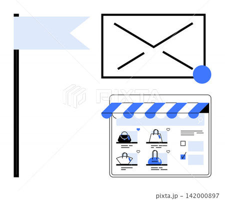 E-commerce, marketing, digital communication, web design, online stores, retail. A graphic an envelope, a storefront interface and a flag. E-commerce and marketing concept 142000897